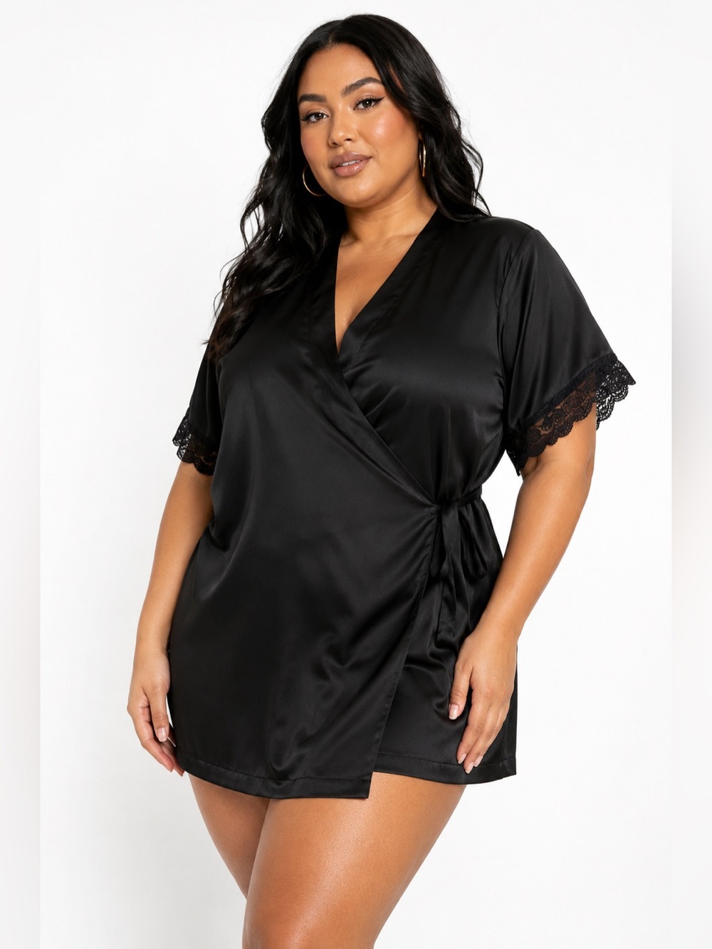Y2K Vintage Apt 9 Satin Robe w Floral Lace Sleeves (Black) Size XXL